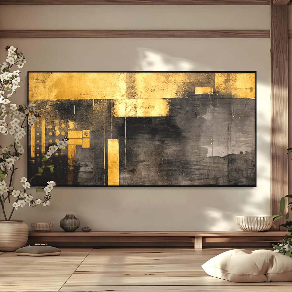 Tablou canvas cu pictura abstracta cu forme geometrice aurii, in rama de aluminiu negru
